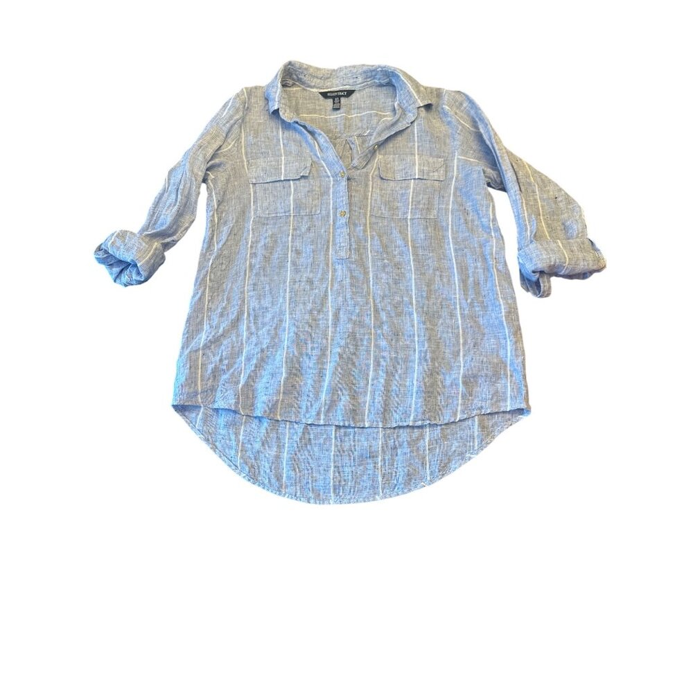 Ellen Tracy Womens Blue Striped 100% Linen Long Sleeve Button-Up Shirt Medium